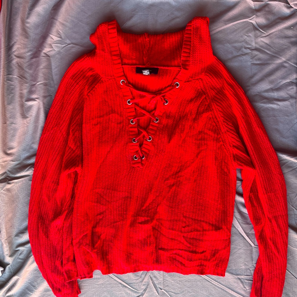 Forever 21+ Red V Neck String Hoodie Sweater